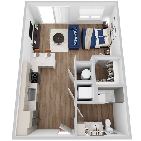 A 3D rendering of S2 floor plan at Era apartments in Denton, TX